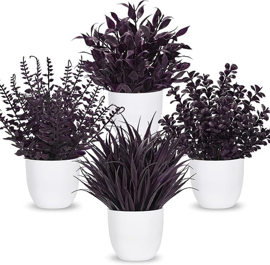 Der Rose 4 Pack Purple Artificial Plants in Pots, Halloween Fall Decor | No-watering fake plants, gothic bathroom accents, for shelf desk office kitchen table farmhouse and home decor