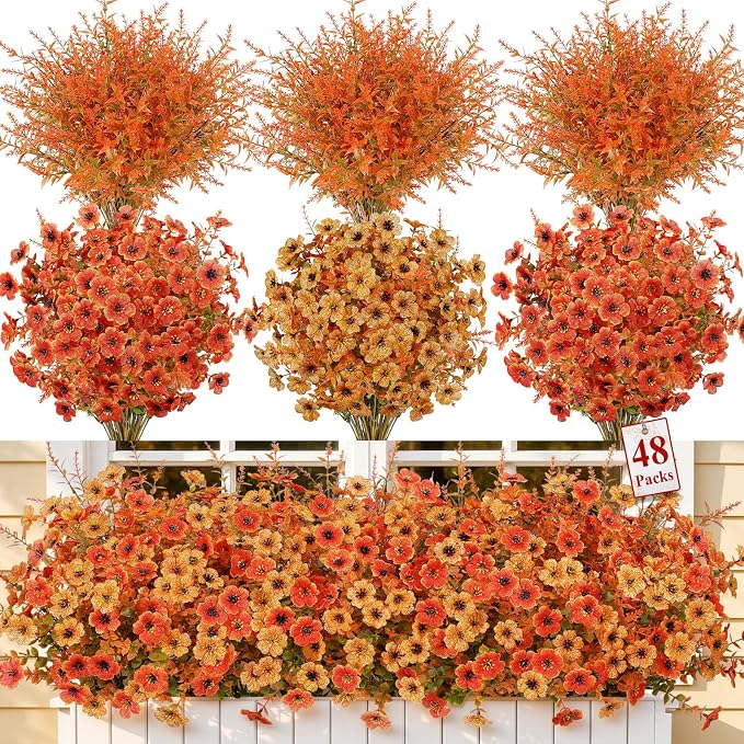 SHareconn 48 Bundles Fake Fall Flowers UV Resistant Outdoor Decor | Artificial Fall Flowers Silk Violet Lavender, Faux Fall Flowers Outside for Patio, Porch, Garden, Yard and Home, 2 Colors