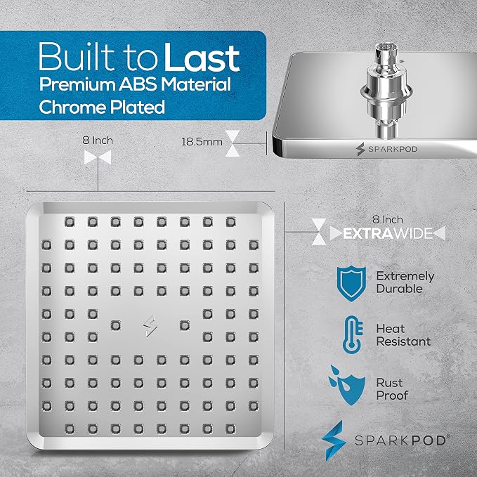 SparkPod Rain Shower Head, 8 Inch Square, Luxury Polished Chrome Finish | High Pressure Shower Heads, 90 Nozzles, Adjustable Showerhead, No Tools Needed, Universal Connection