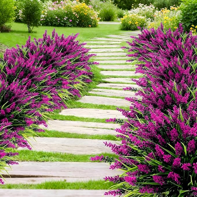 Geegoods 24 Bundles Artificial Lavender Flowers Outdoor, Fuchsia | UV Resistant Faux Plants with Monkey Grass, Realistic Plastic Flowers for Garden Porch Window Box Patio Hanging Planter Decor