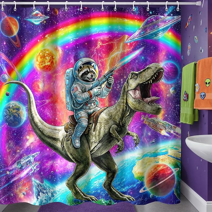 Accnicc Space Raccoon Dinosaur Shower Curtain for Bathroom 72 X 72 Inch | Funny Cool Animal Dino Shower Curtains, Fantasy Galaxy Kids Bathroom Curtain Decor, Water-Resistant Washable Polyester Fabric