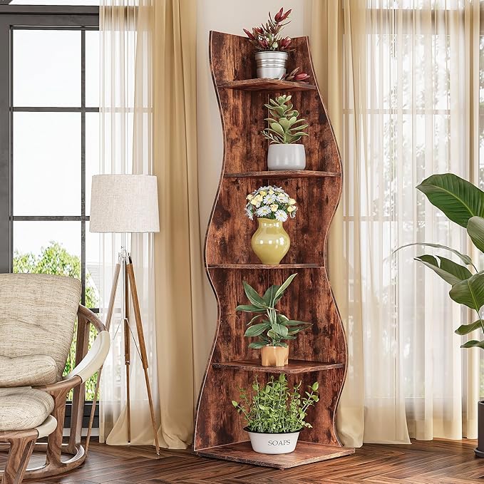 LITTLE TREE 70-Inch Corner Shelf, Seaweed Shaped Etagere Display Bookshelf, Freestanding 5-Tier Wall Shelves for Small Spaces, Living Room, Bedroom, Rustic, 2 Pack