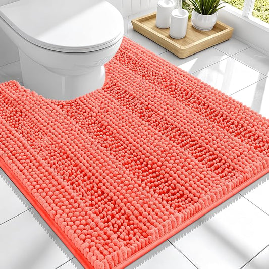 Smiry Thick Chenille Toilet Rugs U-Shaped 24x20, Absorbent Bath Mat, Coral | Soft Striped Contour Bathroom Rugs, Machine Washable, Dry Quickly, Non‑Slip, Modern Home Decor Accessories