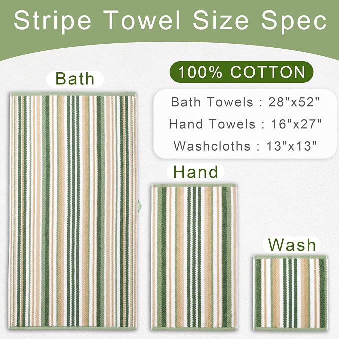 VOOVA & MOVAS Striped Washcloths 6 Pack, 100% Cotton, 13x13 in, Sage Beige | Great for Daily Bathroom Facial Use, Quick Dry, Soft, Absorbent, Luxury Wash Cloths