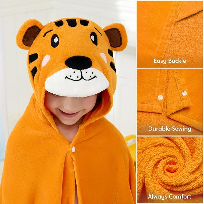 Joiedomi Hooded Towel for Kids Soft 100% Cotton Bath Beach Towel 30" x 50" for Kids 3-8 Years Toddler Pool Poncho with Hood Absorbent Swim Wrap for Boys Girls Yellow Tiger
