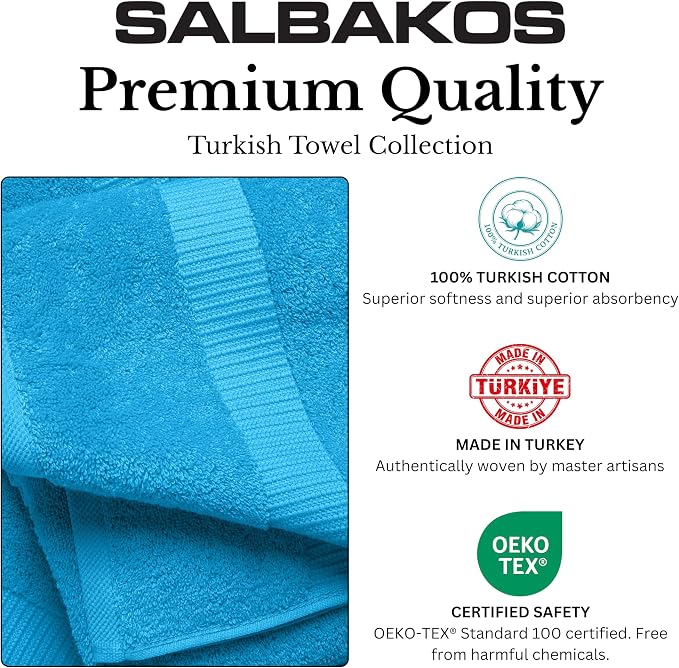SALBAKOS 4-Piece 100% Turkish Cotton Bath Towels, 27x54 inch, Aqua | Standard Size, 630 Gsm Thick Super Soft Highly Absorbent Quick-Dry Bathroom Towel, Premium Hotel & Spa Quality Made in Turkey
