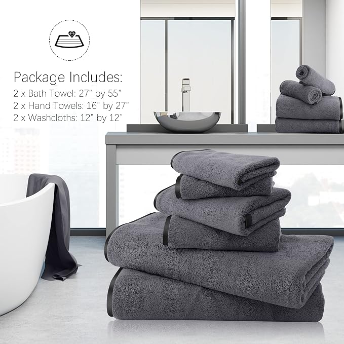 TENSTARS Luxury Silk Hemming Towel Set - Light Thin Quick Drying - 2 Bath Towels 2 Hand Towels 2 Washcloths - Ultra Soft Microfiber, for Bath Fitness, Sports, Yoga, Travel (Dark Grey 6 Pieces)