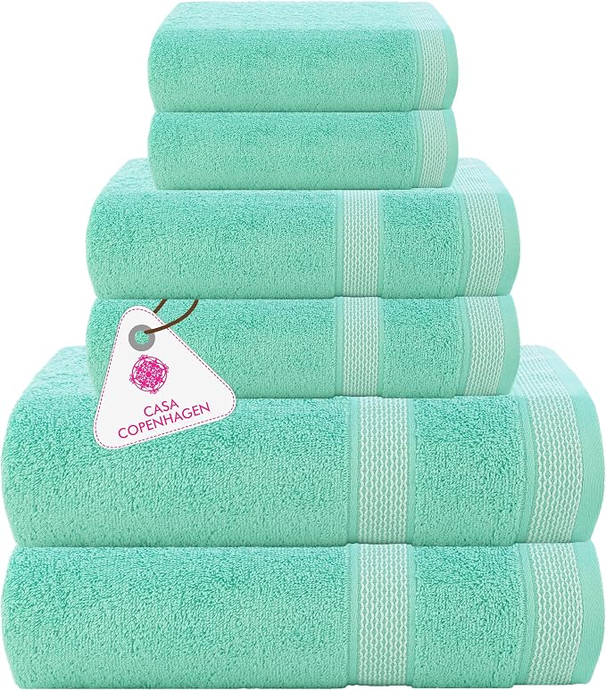 CASA COPENHAGEN Solitaire 6 Pieces Towel Set- Aqua Blue, 600 GSM 2 Bath Towel 2 Hand Towel 2 Washcloth, Designed in Denmark Made of Soft Egyptian Cotton for Bathroom, Kitchen & Shower