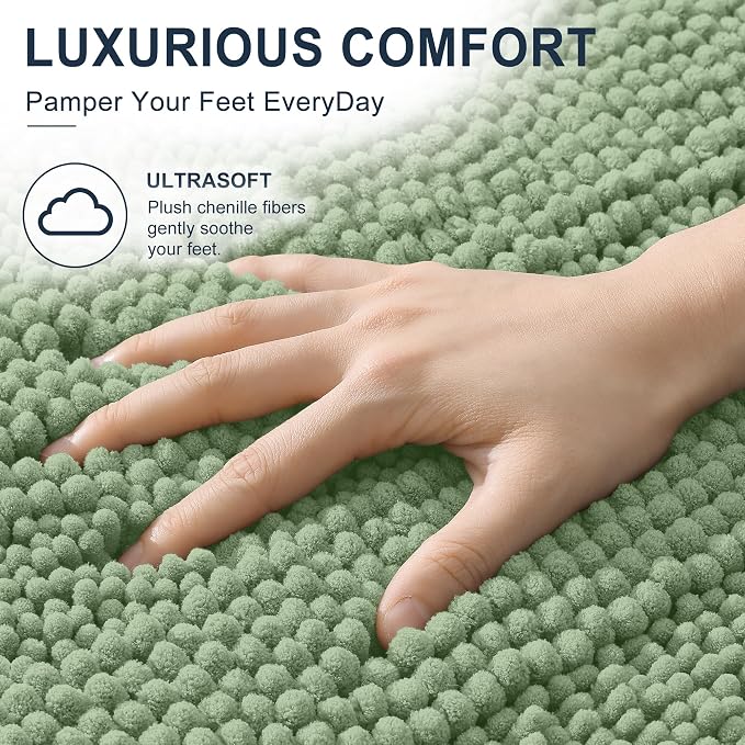 Smiry Thick Chenille Large Bathroom Runner Rugs 47x32, Bath Mat, Sage Green | Quick‑Dry & Machine Washable, Non‑Slip Bath Carpet, Soft Striped Bath Rugs for Tub & Shower, Modern Home Decor Accessories