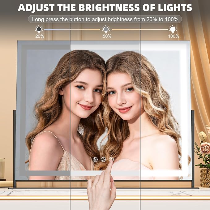 Hasipu Vanity Mirror with Lights, 24.2" x 19.7" LED Makeup Mirror, Light up Mirror with 10X Magnification, Smart Touch 3 Colors Dimmable, Brightness Adjustment, 360° Rotation (Right Angle Black)