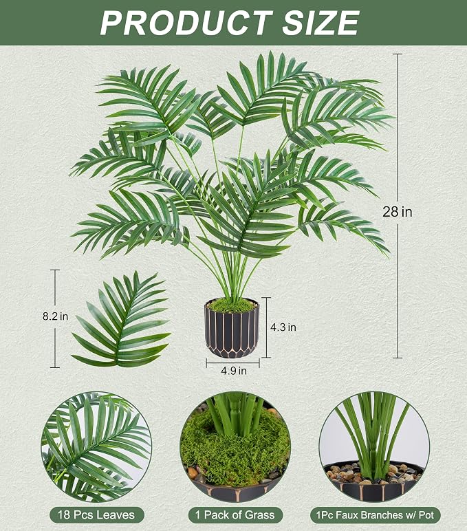florisso 28" Fake Plants Artificial Areca Palm Plant Tall Faux Plants | Indoor Outdoor Tree, Fade-Resistant, Zero Maintenance, Premium Durable for Living Room Home Decor