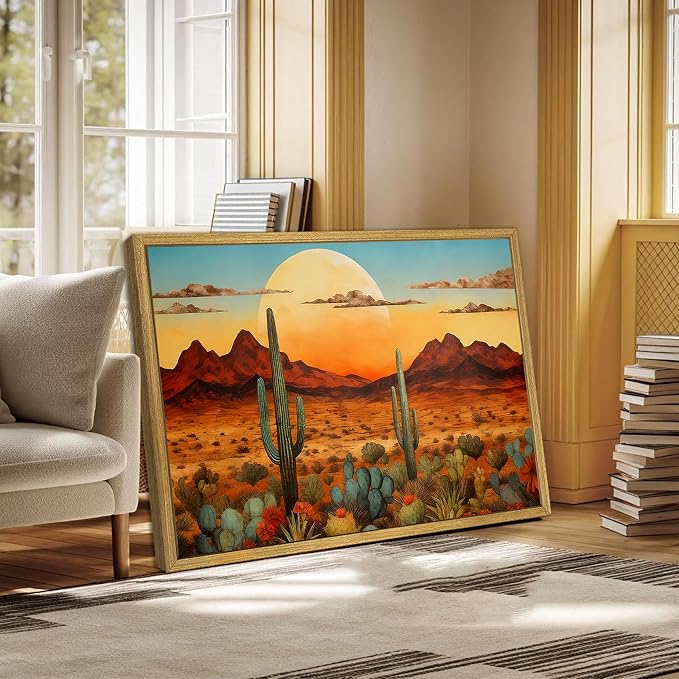 Framed Western Desert Sunset Cactus Wall Art, Vintage Southwest Nature Landscape Canvas Print, Rustic Wall Decor Picture, Boho Mexican Oil Painting for Living Room Bedroom Office bathroom 16x24 Inch