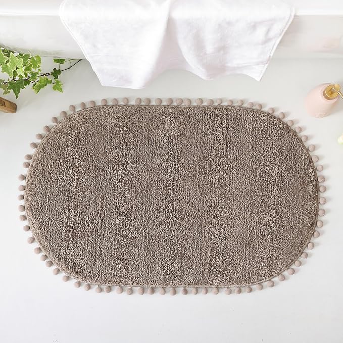 YIRDDEO Oval Rug for Bathroom, Cute Boho Bath Mat with Pom, Oatmeal | Soft Plush, Absorbent, Quick Dry, Machine Washable, Non Slip Bath Mat for Bathroom Shower Floor Home Decor