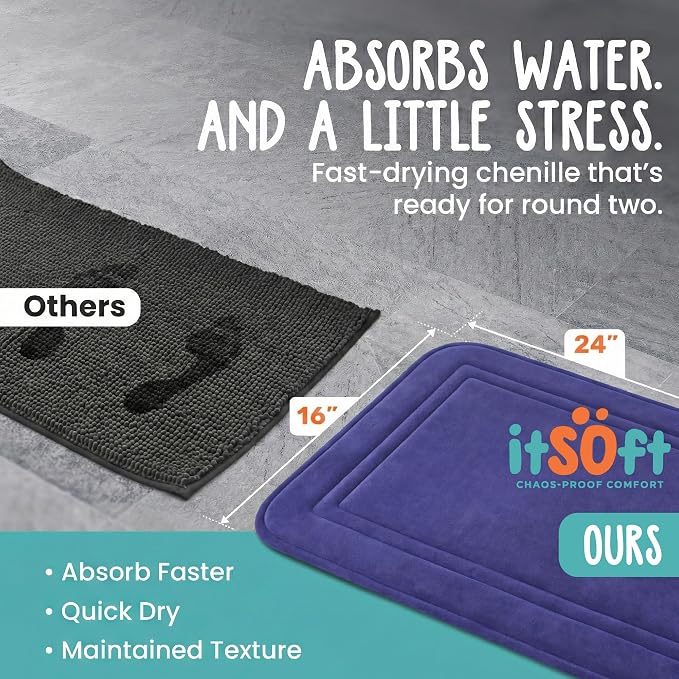 Memory Foam Bath Mat 24x16, Non Slip, Machine Washable, Quick Dry & Absorbent Rugs, Bath Mats for Bathroom Floor, Tub & Shower, Bathroom Rug, Blue