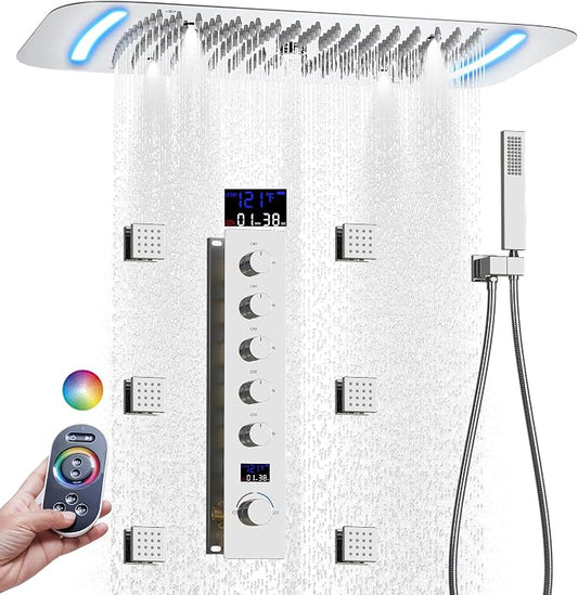 AYIVG Chrome 16 x 26 Inch Ceiling Mount Thermostatic Rainfall Shower System 64 Color LED Control Rainfall Shower Head Handheld With Body Jet Shower Faucet Set Temperature Display Shower System