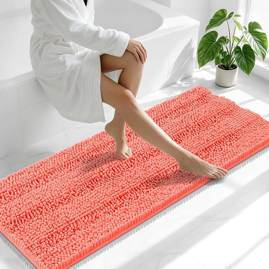 Smiry Thick Chenille Bathroom Runner Rugs 47x20, Absorbent Bath Mat, Coral | Quick‑Dry & Machine Washable, Non‑Slip Bath Carpet, Soft Striped Bath Rugs for Tub & Shower, Modern Home Decor Accessories