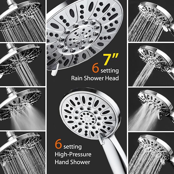 AquaDance 7" Premium High Pressure 3-way Rain & Handheld Shower Head Combo | Enjoy Dual 6-Setting Luxury Shower Heads Separately or Together for the Best of Both Worlds! Stainless Steel Hose - Chrome