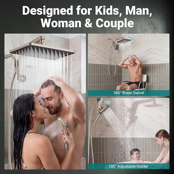 12" XXL Rainfall Shower Head with Handheld Combo Set, Nickel Brushed | High Pressure, Magnetic Docking, Air-Infusion Tech, Anti-Leak One-Piece Design, Dual Square Showerhead