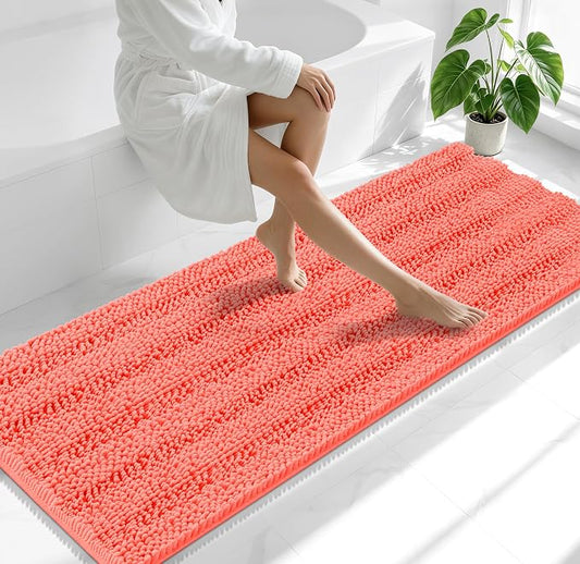 Smiry Thick Chenille Bathroom Runner Rugs 70x24, Absorbent Bath Mat, Coral | Quick‑Dry & Machine Washable, Non‑Slip Bath Carpet, Soft Striped Bath Rugs for Tub & Shower, Modern Home Decor Accessories