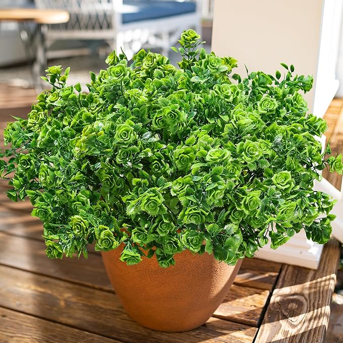 Artificial Plants for Outdoors Outside Spring Summer Decoration, 12 Bundles Faux Green Plastic Leaves Stems Bulk Fake Greenery Look Real UV Resistant for Home Porch Patio Planter Yard Wedding