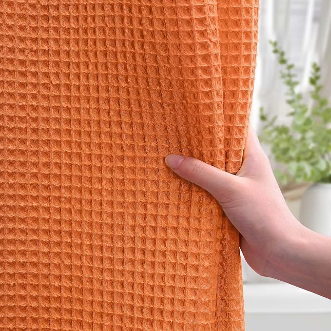 Waffle Weave Shower Curtain Heavyweight Cotton Fabric Orange 72Wx72L | Soft Cotton Cloth,3D Square Truely Waffle Washable, Hotel Luxury Spa, Shower Curtain Set for Bathroom 12 Plastic Hooks