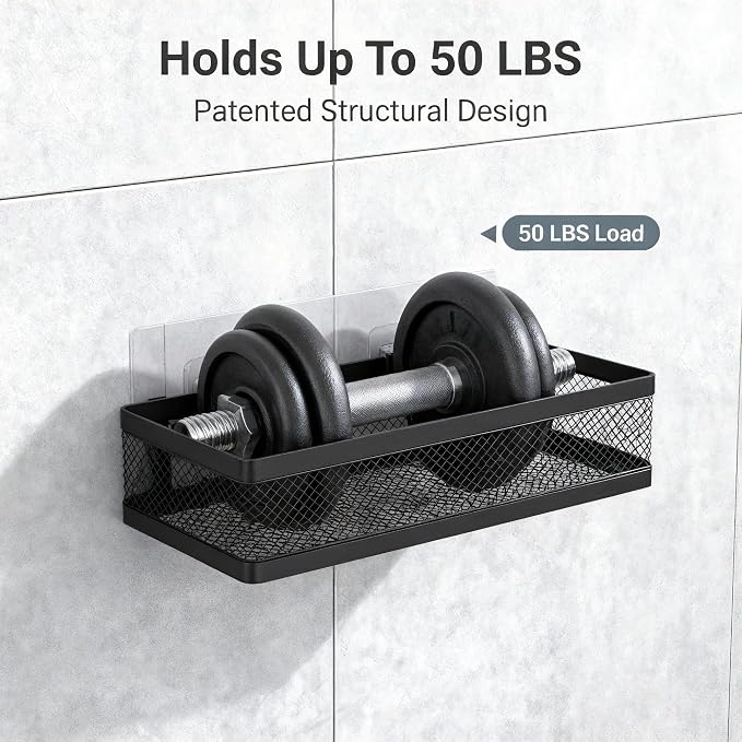 PUSDON Mesh Shower Caddy Wall Mount, Heavy Duty Adhesive Bathroom Shelf Organizer, Rustproof Floating Spice Rack for Kitchen Pantry, Holds 50 LBS, Multi-Purpose Storage Black-2 Packs (Netting)