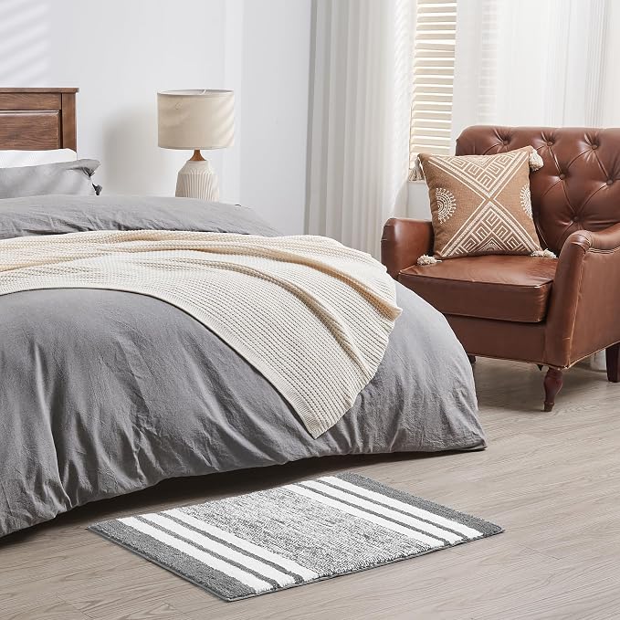 CozeCube Grey Striped 24"x16" Non Slip Washable Bath Mat | For Bathroom, Fluffy Absorbent Microfiber Bath Mats Machine Wash, Stylish Small Aesthetic Bathroom Rugs