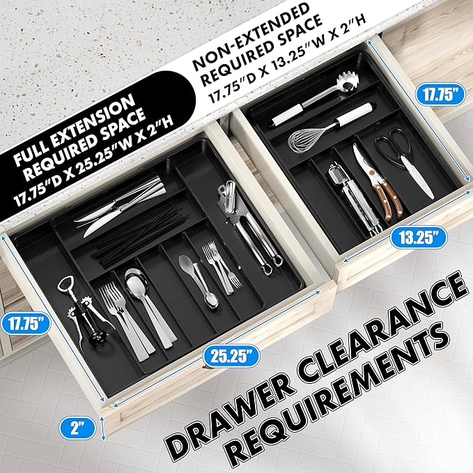 Simple Houseware Expandable Kitchen Drawer Flatware Organizer, Black | Expandable Kitchen Drawer Flatware Organizer, Black – Adjustable Cutlery Tray with 9 Compartments for Utensils and Silverware