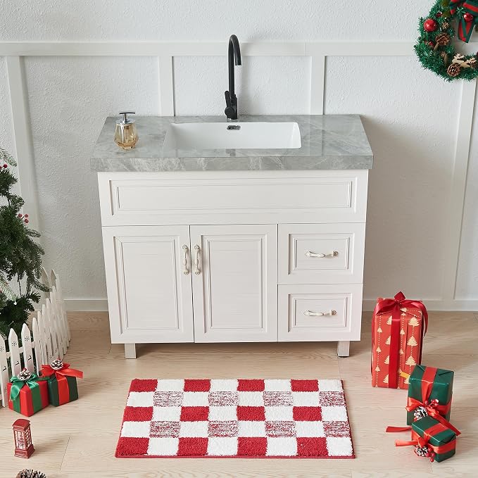 CozeCube Christmas Red Checkered Bath Mat 36"x24" Non Slip Washable Rug | For Bathroom Non Slip, Fluffy Absorbent Microfiber Bath Mats Machine Wash, Stylish Long Aesthetic Bathroom Rugs