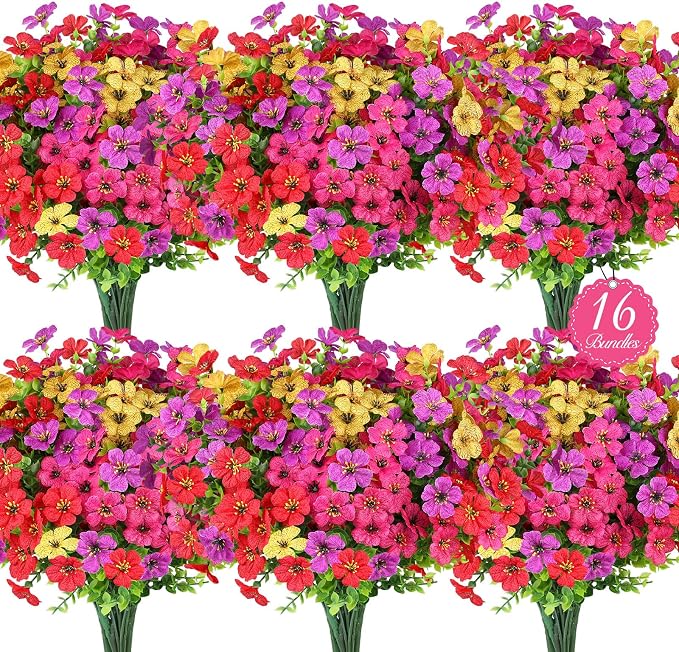 16PCS UV Resistant Artificial Flowers for Outdoors, Mix 4 Colors | Silk & Plastic, for Hanging Baskets, Window Boxes & Planters, Porch, Yard, Garden, Spring Summer Outdoor Decorations