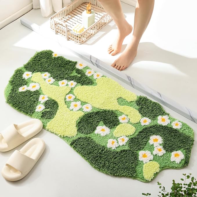 YIKUSH Moss Rug, Cute Green Plant Bath Mat with White Flowers, 43x20 Inch | Bathroom Decor Aesthetic, Soft Absorbent, Quick Dry, Machine Washable, Non Slip Bath Mat for Bedroom Shower Floor Home Decor