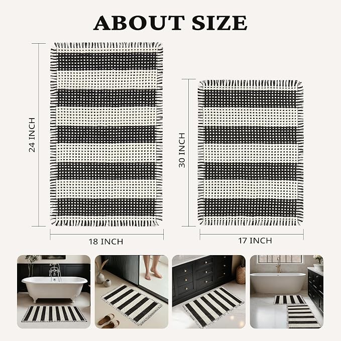 MatEssenz Bathroom Rugs Sets 2 Piece Absorbent Quick Drying Machine Washable,Non Slip, Bathroom Accessories, 17"x24"+18"x30", Black and White Stripes