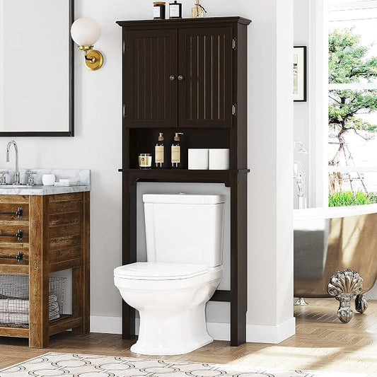 UTEX Above Toilet Storage Cabinet, Bathroom Organizer with Doors, Espresso | FSC-Certified MDF, Bathroom Space Saver with Adjustable Shelves, Beadboard Doors, Anti-Tip Bracket, Adjustable Bottom Rail