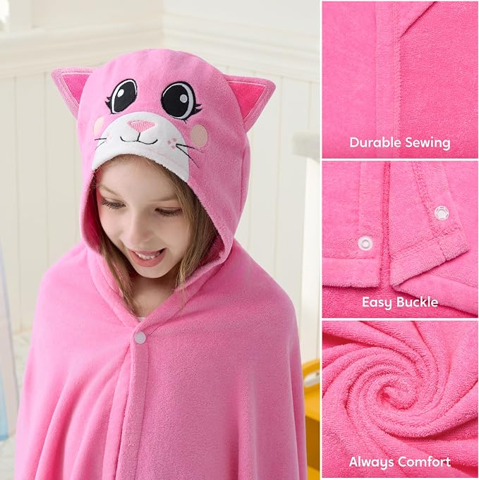 Joiedomi Hooded Towel for Kids Soft 100% Cotton Bath Beach Towel 30" x 50" for Kids 3-8 Years Toddler Pool Poncho with Hood Absorbent Swim Wrap for Boys Girls Pink Cat