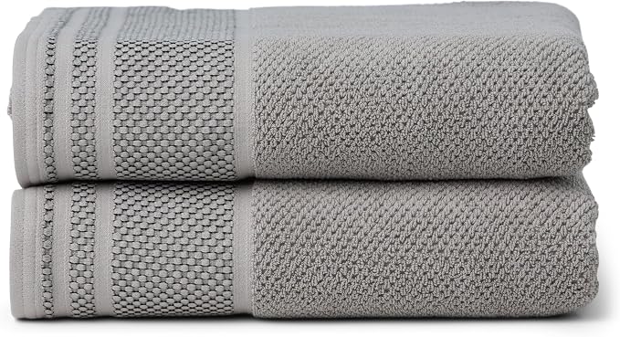 Texere 100% Organic Cotton Rice Weave Jacquard 700 GSM Luxury Bath Towel Sets - Ultra Soft and Absorbent Hotel and Spa Quality (Rice Weave, Cathedral Gray, 2 Bath Towels)