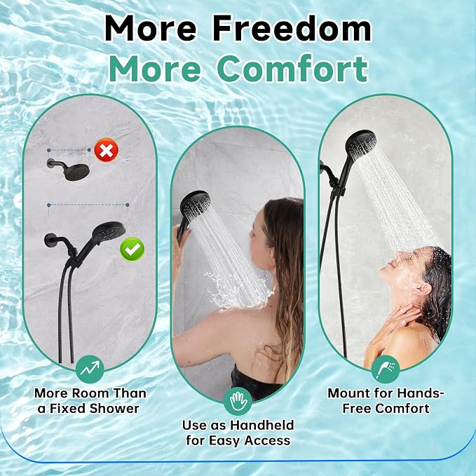 BRIGHT SHOWERS High Pressure Shower Head with Handheld, 9 Spray Settings Showerhead Built in Power Wash to Clean Tub and Pets, Extra Long 69" Hose, Adjustable Bracket, Matte Black