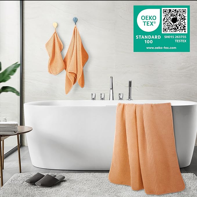 POLYTE 430 GSM Poly Blend Microfiber Quick Dry Waffle Bath Towel Set of 6 | 2-Body Towels, 2-Hand Towels, 2-Wash cloths, Oversize, Lint Free