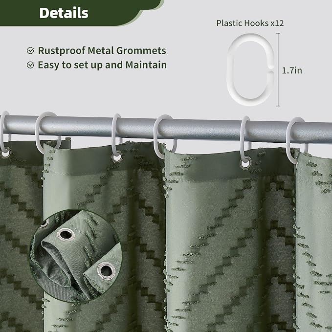 Siiluminisoy Sage Green Shower Curtain for Bathroom Boho Shower Curtain | Cloth Textured Tufted Chevron Elegant Shower Curtains Waterproof for Bathroom 72" x 72"