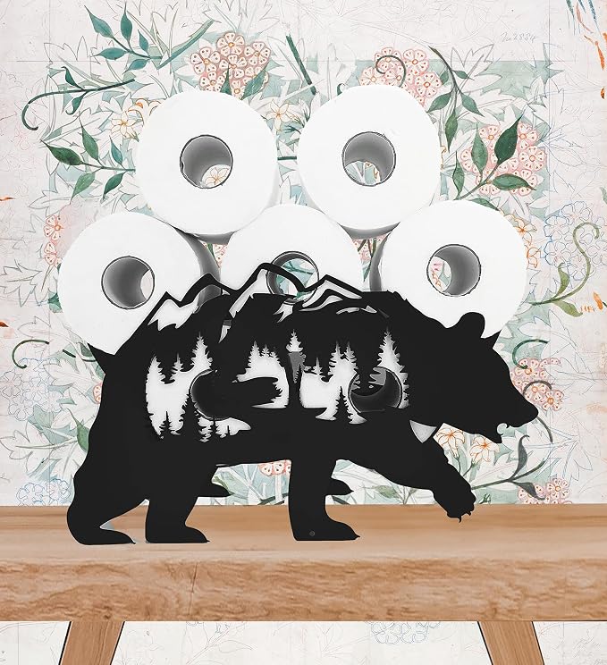 Black Bear Metal Toilet Tissue Holder - Funny Animal Paper Holder for Bathrooms - FreeStanding Organizer Holds Extra 8 Rolls