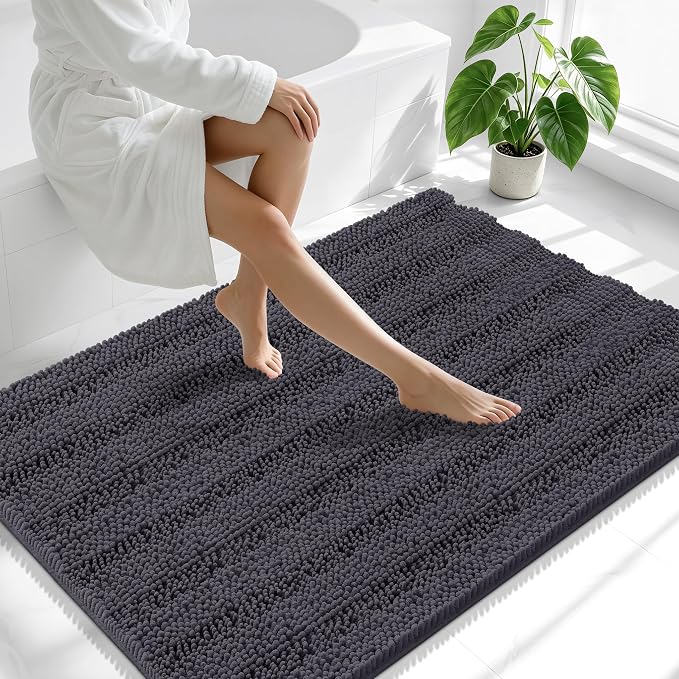 Smiry Thick Chenille Large Bathroom Runner Rugs 40x32, Bath Mat, Dark Grey | Quick‑Dry & Machine Washable, Non‑Slip Bath Carpet, Soft Striped Bath Rugs for Tub & Shower, Modern Home Decor Accessories