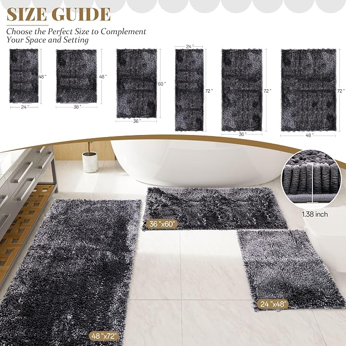 Bathroom Rugs Mat 72 x 24, Soft Absorbent Chenille Bath Rugs, Rubber Backing Bath Mats for Bathroom Floor, Tub, Shower, Bedroom, Home Decor Accessories, Quick Dry Machine Washable, Dark Grey