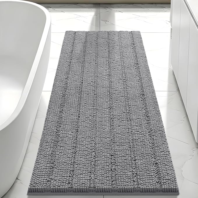 Bcoimo Bath Rug Mat,48x24 Chenille Non Slip Gray Long Bathroom Runner Rugs | Extra Soft Bathroom Floor Mats;Non Slip with Rubber Back Bath Mats;High Absorbent, Quick Dry Microfiber mat; Machine Washable