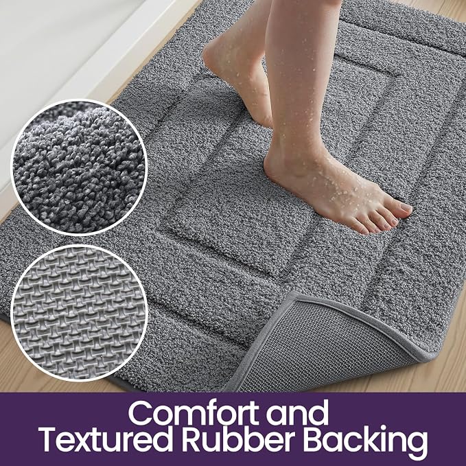 DEXI Bathroom Rugs 36x24, Non-Slip and Absorbent Bath Mat, Grey | Machine Washable, Soft Plush Microfiber Bathmat with Rubber Back, Quick Dry Rug for Shower, Tub, Sink