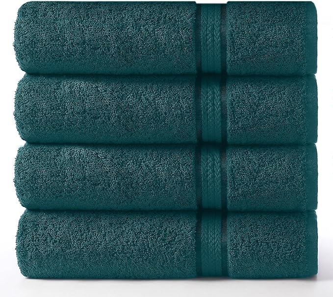 COTTON CRAFT Ultra Soft Bath Towels - 4 Pack 100% Cotton Large 30x54 inches | Oversized 580 GSM Absorbent Teal Bath Towel with Luxurious Rayon Border - Ideal for Everyday use - Easy Care Machine Wash