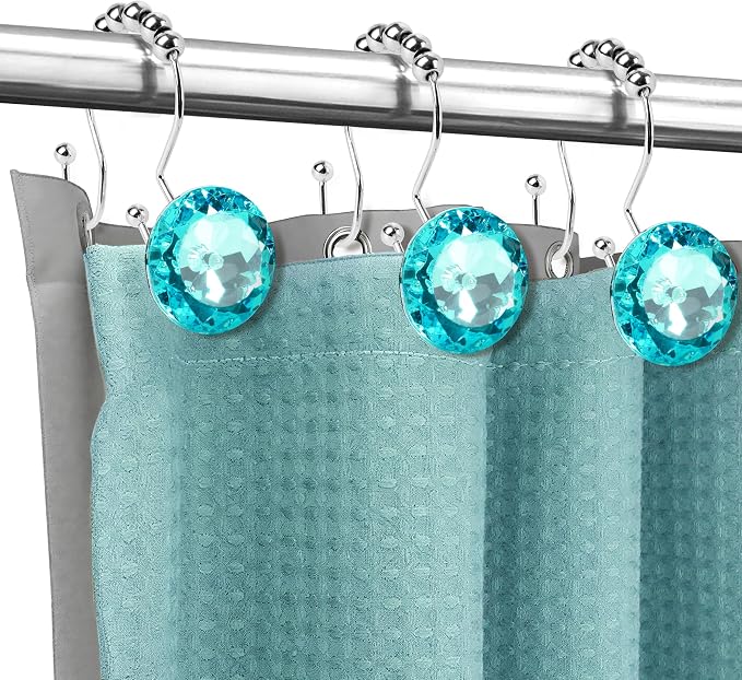 Sunlit Luxury Design Round Teal Blue Diamond Crystal Gem Bling with Glide Balls Double Shower Curtain Hooks for Mermaid Shower Curtains, Rust Proof Metal Rhinestones Glam Shower Curtain Rings-12 Pack