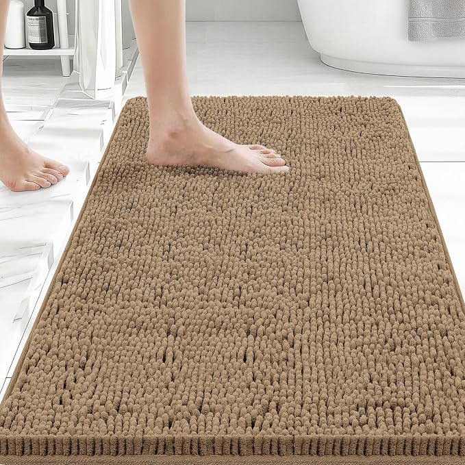 Bcoimo Bath Rug Mat,30x20 Chenille Non Slip Tan Bathroom Floor Shower Mats | Extra Soft Bathroom Rugs;Non Slip with Rubber Backing Bath Mats;High Absorbent And Quick Dry Microfiber mat; Machine Washable