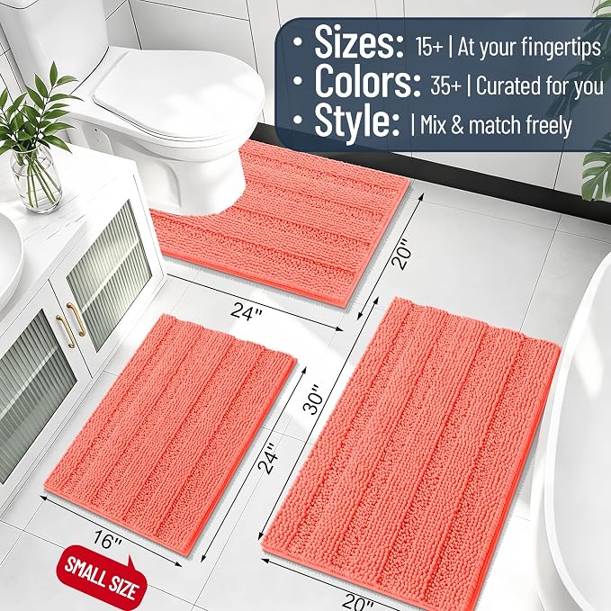 Smiry Thick Chenille Bathroom Runner Rugs 47x20, Absorbent Bath Mat, Coral | Quick‑Dry & Machine Washable, Non‑Slip Bath Carpet, Soft Striped Bath Rugs for Tub & Shower, Modern Home Decor Accessories