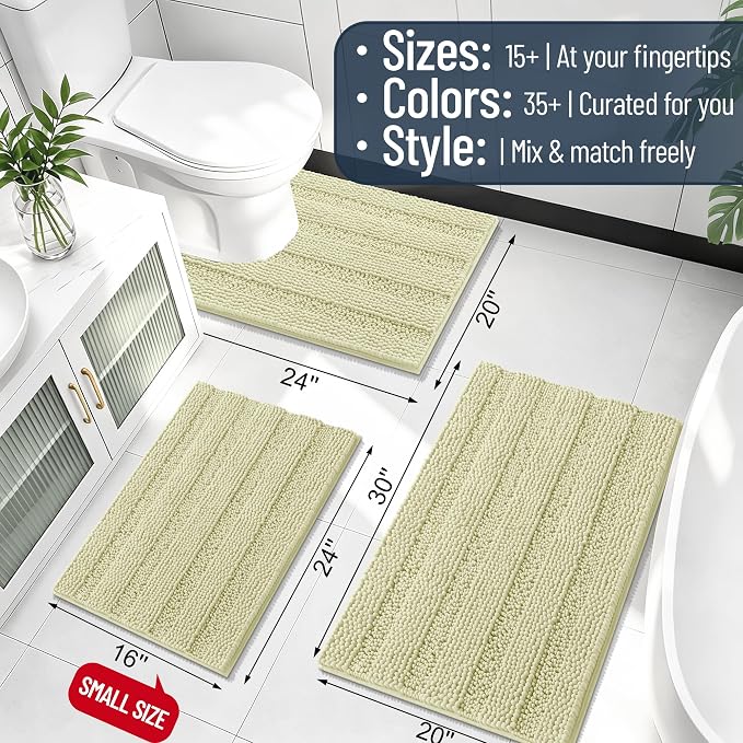Smiry Thick Small Chenille Bathroom Rugs 24x16, Absorbent Bath Mat, Vanilla | Quick‑Dry & Machine Washable, Non‑Slip Bath Carpet, Soft Striped Bath Rugs for Tub & Shower, Modern Home Decor Accessories