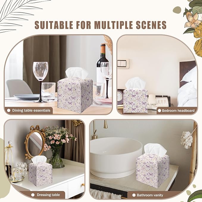 Lilac Butterflies Decorative Square Leather Tissue Box Cover - Cute Tissue Holder Gifts for Women Family and Friends Funny Unique for Home Decor Decorative for Kids Room Kitchen Bathroom Office - A30