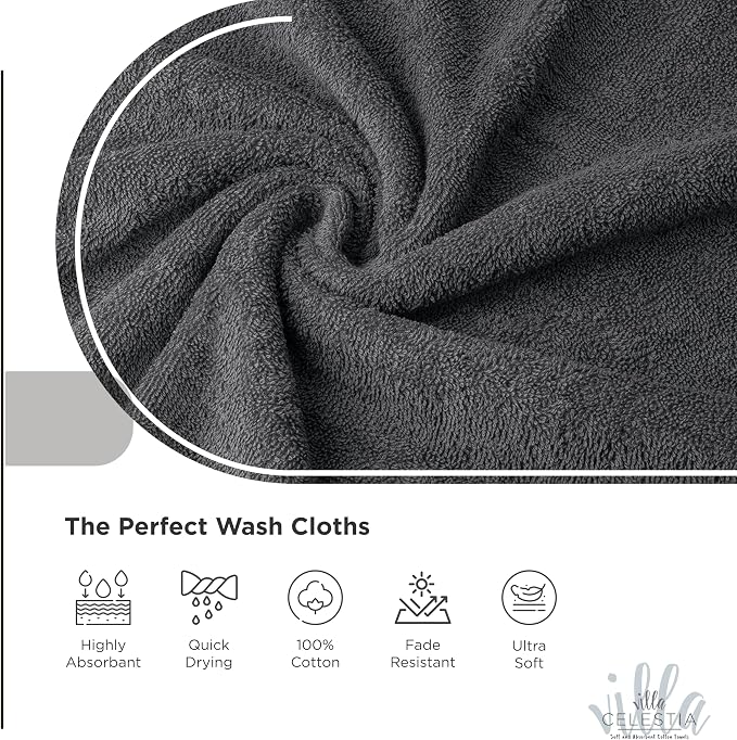 Villa Celestia Cotton Washcloths Set of 12, 12x12 Inch, 100% Ring-Spun Combed Cotton, Soft Absorbent Quick-Dry Wash Cloths for Face and Body, Oeko-TEX Certified, Hotel & Spa Quality, Grey